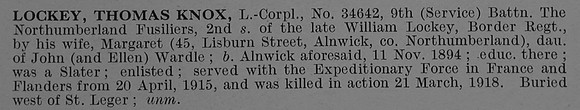 Lockey T K L/Cpl  34642 9th Northumberland Fusiliers Obit De Ruvignys Roll Of Honour Vol 4