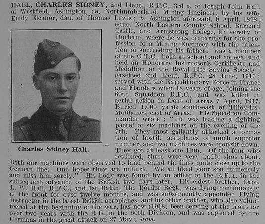 Hall C S 2nd Lt Royal Flying Corps Obit De Ruvignys Roll Of Honour Vol 3