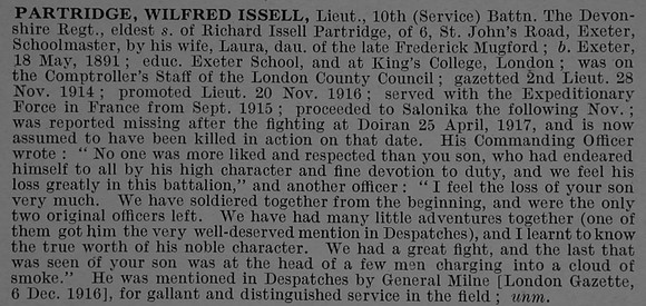 Partridge W I Lt 10th Devonshire Regiment Obit Dulwich College Roll Of Honour Vol 4
