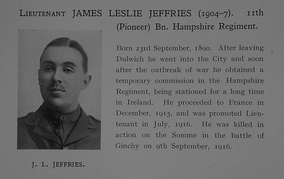 Jeffries J L Lt 11th Hampshire Regiment Obit Dulwich College Roll Of Honour
