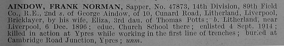 Aindow F N Sapper 47873 Royal Engineers Short Obit De Ruvignys Roll Of Honour Vol 1