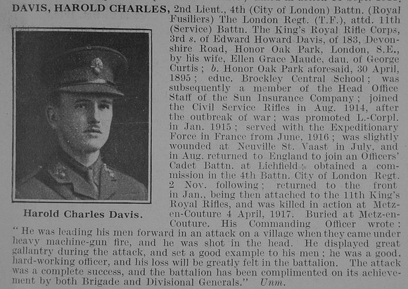 Davies H C 2nd Lt 4th London Regiment Obit De Ruvignys Roll Of Honour Vol 3