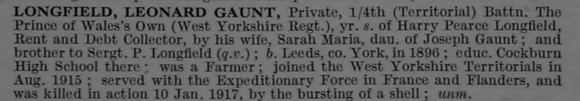 Longfield L G Pte 4th West Yorkshire Regiment (Prince of Wales's Own) Short Obit De Ruvignys Roll Of Honour Vol 4