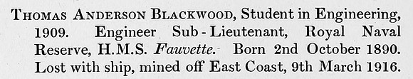 Blackwood T A Sub Lt HMS Fauvette Royal Naval Reserve Obit