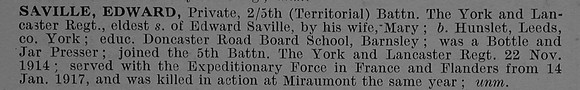 Saville E Pte 240769 5th York and Lancaster Regiment Short Obit De Ruvignys Roll Of Honour Vol 4