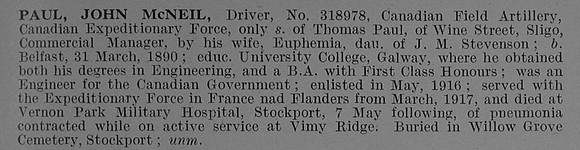 Paul J M Dvr 318978 Canadian Field Artillery Obit De Ruvignys Roll Of Honour Vol 4