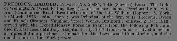 Precious H Pte 29885 10th West Riding Regiment Obit De Ruvignys Roll Of Honour Vol 4