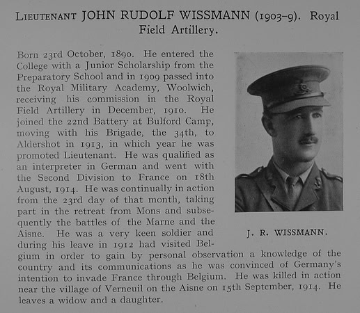 Wissman J R Lt Royal Field Artillery Obit Dulwich College Roll Of Honour