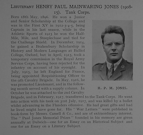 Mainwaring-Jones H P Lt Tank Corps Obit Dulwich College Roll Honour