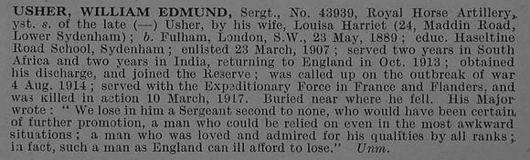 Usher W E Sergt 43939 Royal Horse Artillery Obit De Ruvignys Roll Of Honour Vol 4