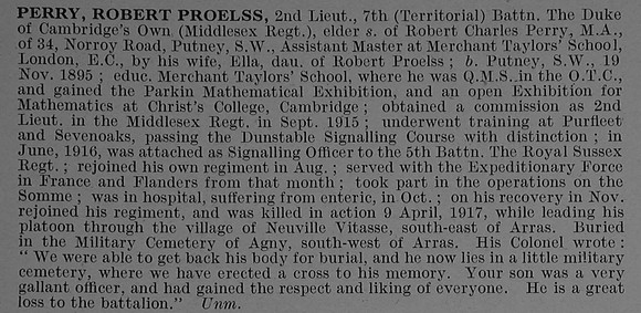 Perry R P 2nd Lt 7th Middlesex Regiment Obit De Ruvignys Roll Of Honour Vol 4
