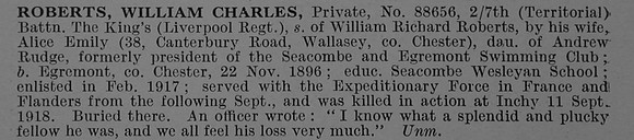 Roberts W C Pte 88656 7th Kings Liverpool Regiment Obit De Ruvignys Roll Of Honour Vol 4