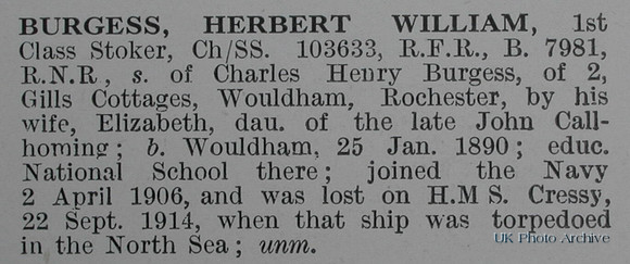 Burgess H W Stoker 1st Class 103633 HMS Cressy Royal Navy Obituary De Ruvignys Roll Of Honour Vol 1