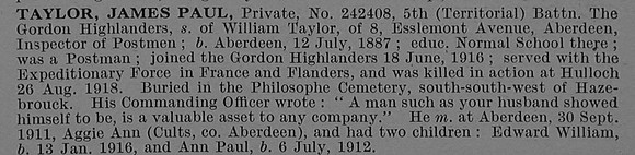 Taylor J P Pte 242408 5th Gordon Highlanders Obit De Ruvignys Roll Of Honour Vol 4