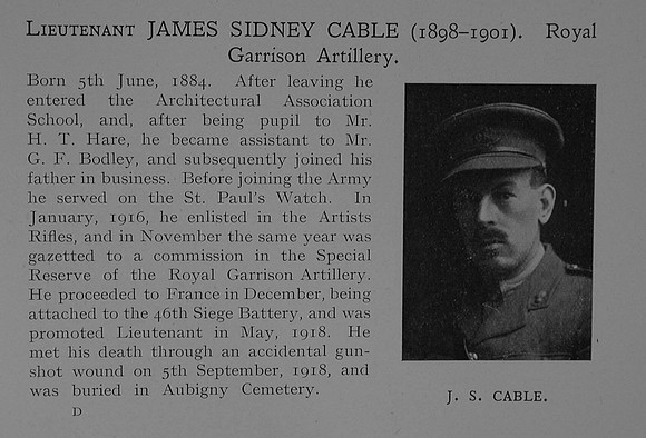 Cable J S Lt Royal Garrison Artillery Obit Dulwich College Roll Of Honour