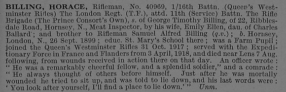 Billing H Rfn 40969 16th London Regiment Attd 11th Rifle Brigade Obit De Ruvignys Roll Of Honour Vol 4