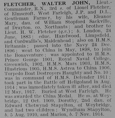 Fletcher W J Lt Comm Royal Navy Obit De Ruvignys Roll Of Honour Vol 3