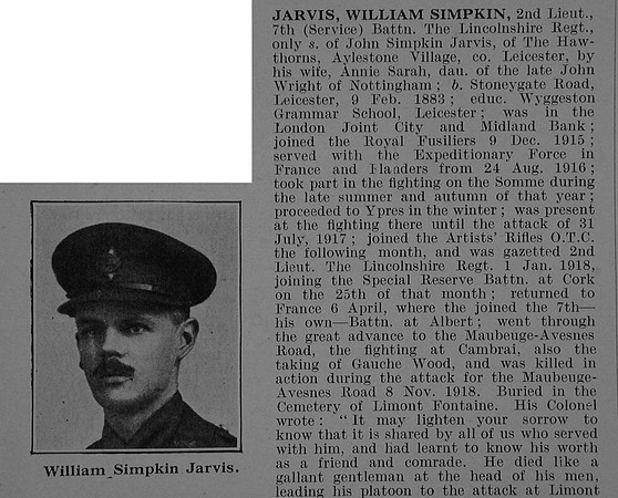 Jarvis W S 2nd Lt 7th Lincolnshire Regiment Obit Part 1 De Ruvignys Roll Of Honour Vol 5