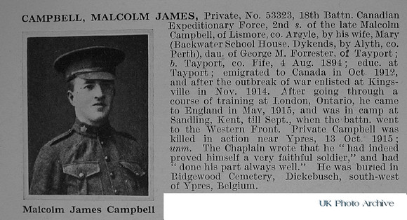 Campbell M J Pte 53323 18th Canadian Infantry (Western Ontario Regiment) Obituary De Ruvignys Roll Of Honour Vol 1