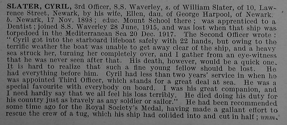 Slater C 3rd Officer S.S. Waverley (West Hartlepool) Mercantile Marine Obit De Ruvignys Roll Of Honour Vol 4