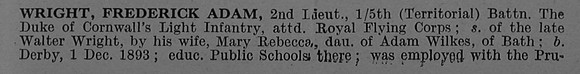 Wright F A 2nd Lt 5th Duke Of Cornwall's Light Infantry Obit Part 1 De Ruvignys Roll Of Honour Vol 4