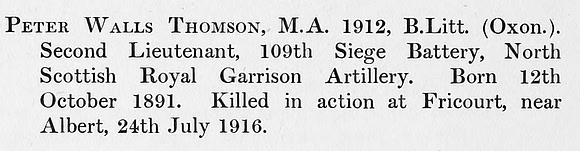 Thomson P W 2nd Lt Royal Garrison Artillery Obit St Andrews University Roll Of Honour