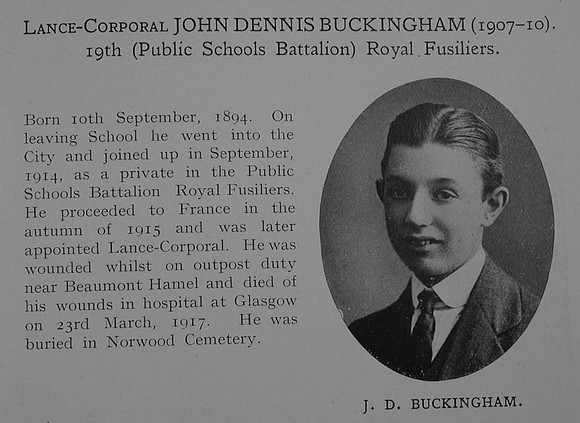 Buckingham J D LCpl 19th Royal Fusiliers Obit Dulwich College Roll Of Honour