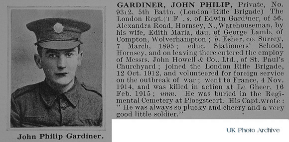 Gardiner J P Pte 9312 5th London Regiment Obit De Ruvignys Roll Of Honour Vol 1
