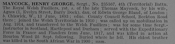 Maycock H G Sergt 235367 4th Royal Welsh Fusiliers Obit De Ruvignys Roll Of Honour Vol 4