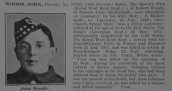 Woods J Pte 19763 11th Queens Own Royal West Kent Regiment Obit De Ruvignys Roll Of Honour Vol 3