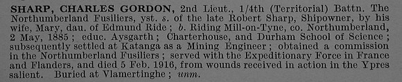 Sharp C G 2nd Lt 4th Northumberland Fusiliers Obit De Ruvignys Roll Of Honour Vol 4