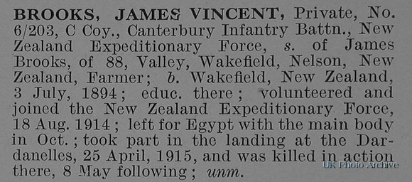 Brooks J V Pte 6-203 Canterbury Infantry Btn NZEF Short Obituary De Ruvignys Roll Of Honour Vol 1