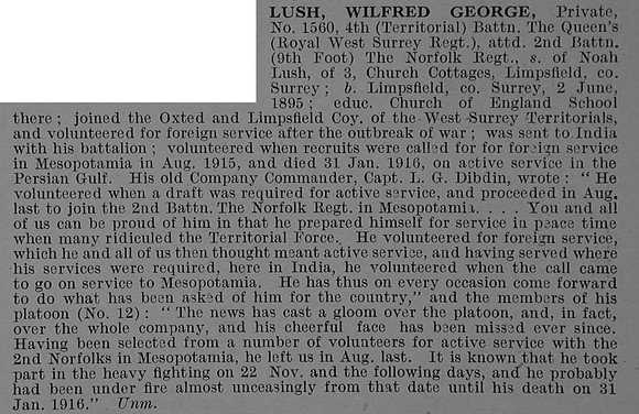 Lush W G Pte 1560 4th Queens Royal West Surrey Regiment Attd 2nd Norfolk Regiment Obit De Ruvignys Roll Of Honour Vol 4