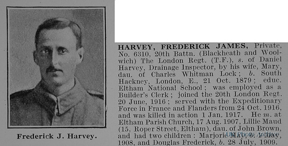 Harvey F J Pte 6310 20th ondon  Regiment Obit De Ruvignys Roll Of Honour Vol 2
