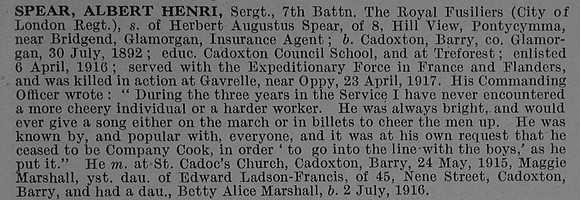 Spear A H Sergt 26926 7th Royal Fusiliers Obit De Ruvignys Roll Of Honour Vol 4