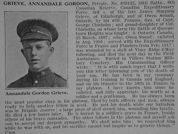 Grieve A G Pte 58th Canadian Expeditionary Force Obit De Ruvignys Roll Of Honour Vol 3