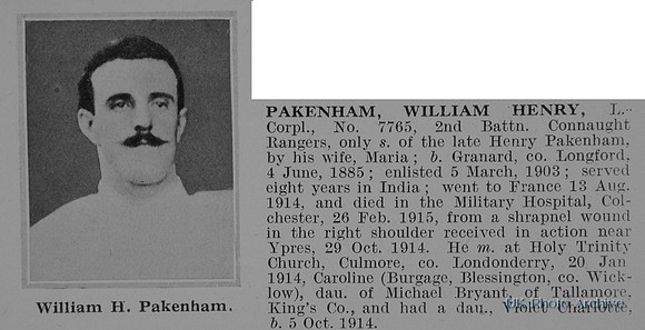 Pakenham W H L/Cpl 7765 2nd Connaught Rangers Obit De Ruvignys Roll Of Honour Vol 1