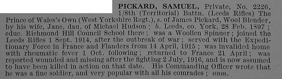 Pickard S Pte 2226 8th West Yorkshire Regiment Obit De Ruvignys Roll Of Honour Vol 4