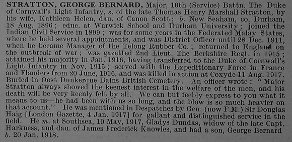 Stratton G B Major 10th Duke of Cornwall's Light Infantry Obit De Ruvignys Roll Of Honour Vol 4