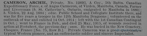 Cameron A Pte 12693 5th Canadian Infantry Obituary De Ruvignys Roll Of Honour Vol 1