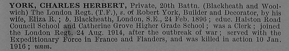 York C H Pte 2073 20th London Regiment Short Obit De Ruvignys Roll Of Honour Vol 4