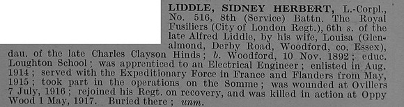 Liddle S H L/Cpl 516 8th Royal Fusiliers Obit De Ruvignys Roll Of Honour Vol 4
