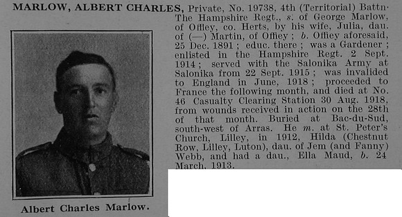 Marlow A C Pte 19738 4th Hampshire Regiment Obit De Ruvignys Roll Of Honour Vol 5