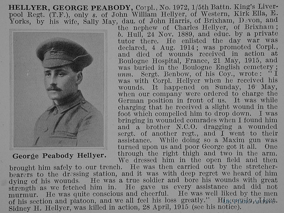 Hellyer G P Cpl 1972 5th Kings Liverpool Regiment Obit De Ruvignys Roll Of Honour Vol 1