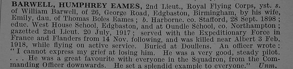 Barwell H E 2nd Lt Royal Flying Corps Obit De Ruvignys Roll Of Honour Vol 4