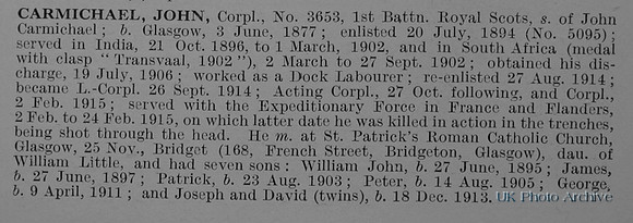 Carmichael J Cpl 3653 1st Royal Scots Obituary De Ruvignys Roll Of Honour Vol 1