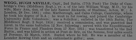 Wegg H N Captain 2nd Middlesex Regiment Obit De Ruvignys Roll Of Honour Vol 4
