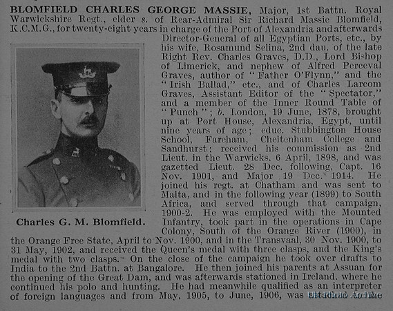 Blomfield C G M Major 1st Royal Warwickshire Regiment Obituary Part 1 De Ruvignys Roll Of Honour Vol 1
