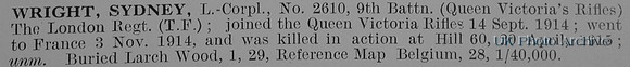Wright S LCpl 2610 9th London Regiment Short Obit De Ruvignys Roll Of Honour Vol 1