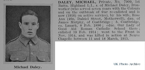 Daley M Pte 7909 1st Highland Light Infantry Obit